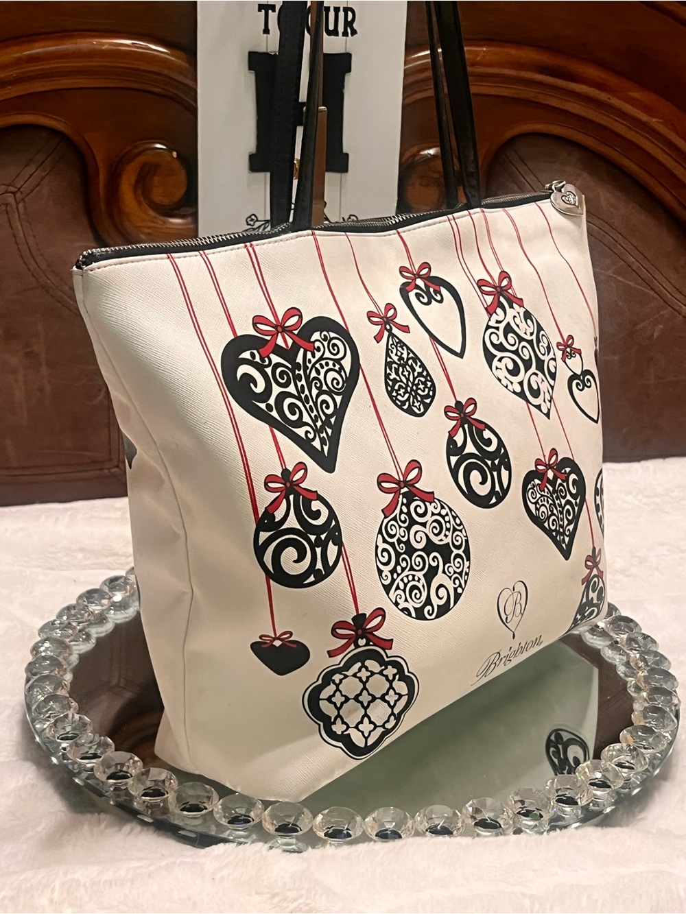 Brighton White and Black Heart & Ornament Motifs and Red Ribbon Accents tote bag - Picture 6 of 16